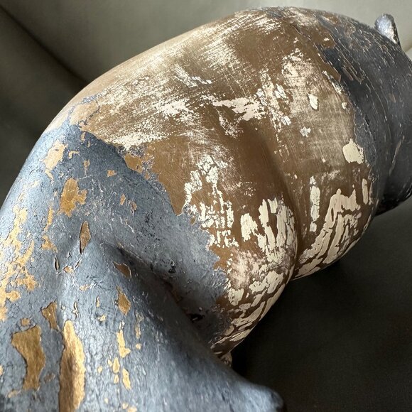 Large 12" Bisque Porcelain Pig Sculpture. Gold Leaf Gilding. Charcoal Grey Paint - Picture 8 of 9